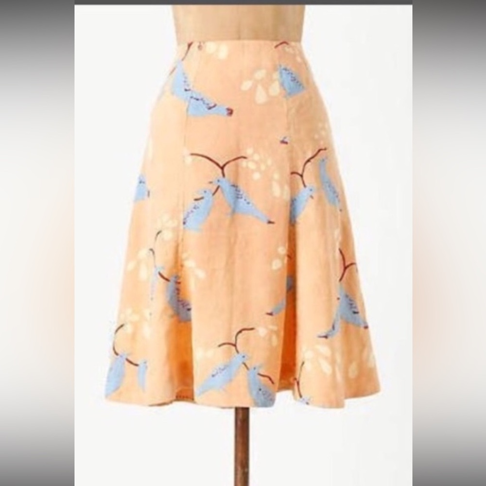 Anthropologie Meadow Rue A Line Linen Skirt, peach with blue birds